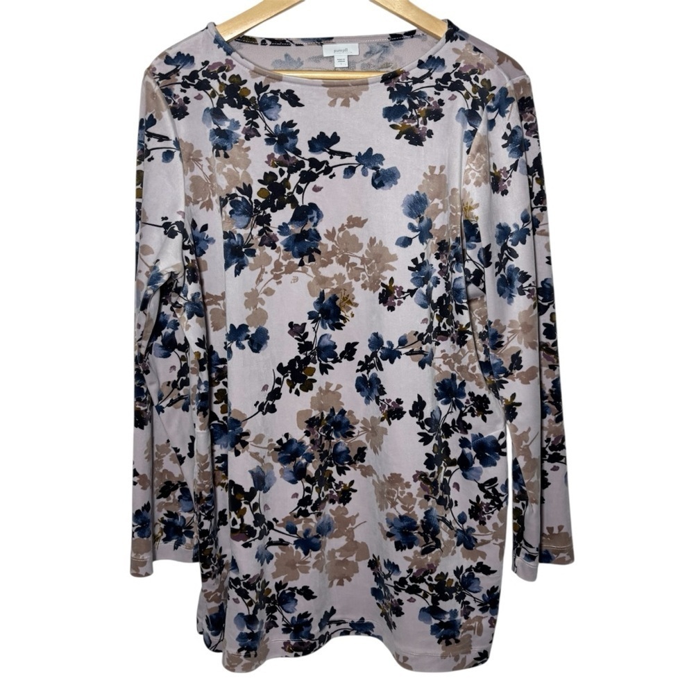 Pure Jill Velour Velvet Top Tunic Large Floral Stretchy Soft Pullover Modest